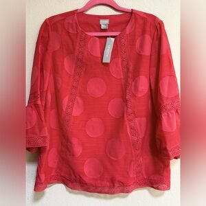 New Chico's Vibrant Orange Blouse with Large Textured Dots,lace trimmed,Office